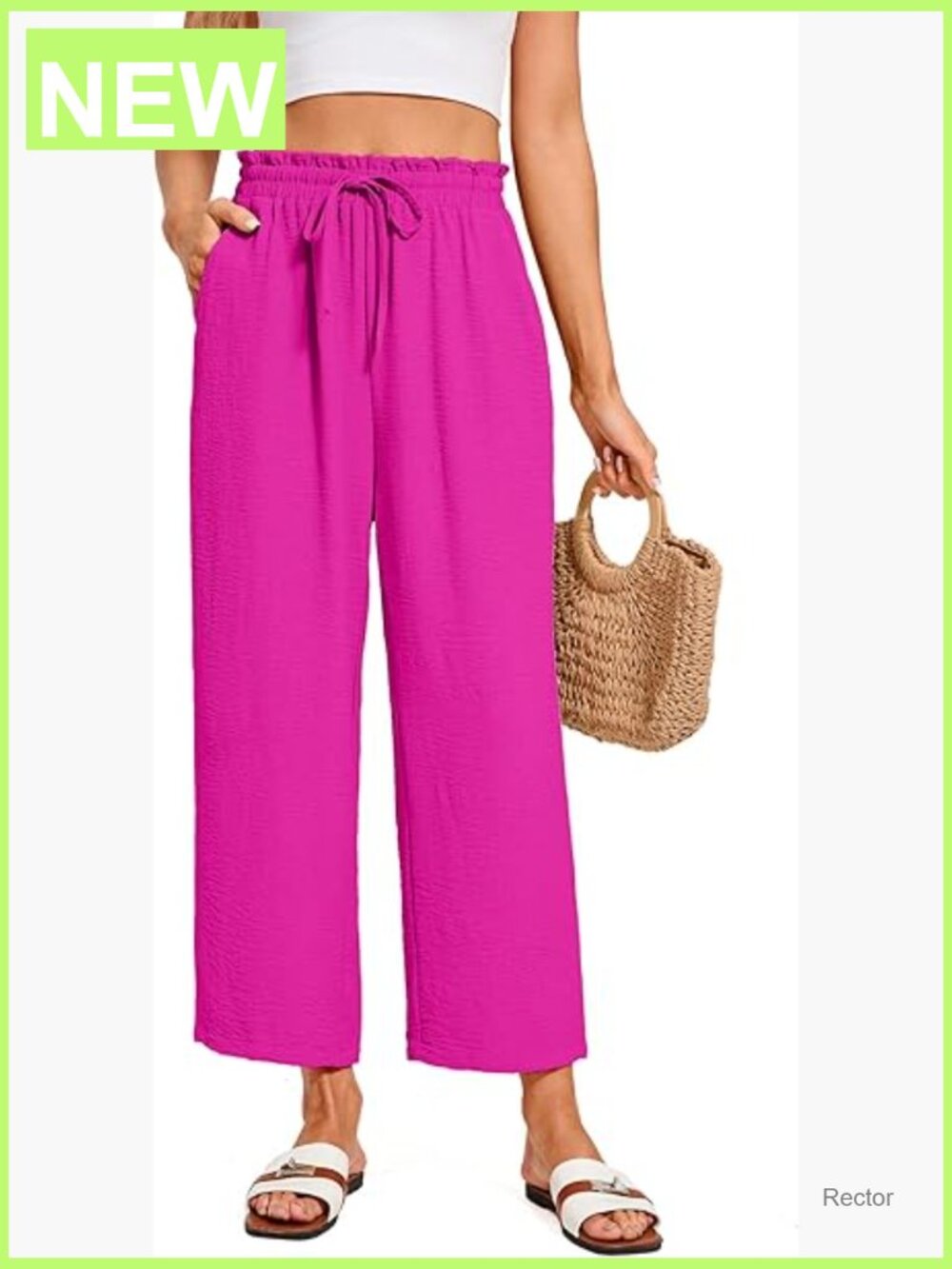 Cropped Wide Leg Palazzo Pants Elastic Waist with Pockets Summer Flowy